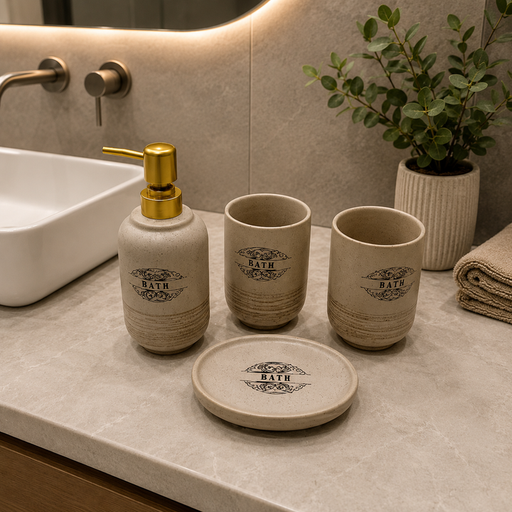 4-Piece Ceramic Bathroom Accessories Set – Beige Bath