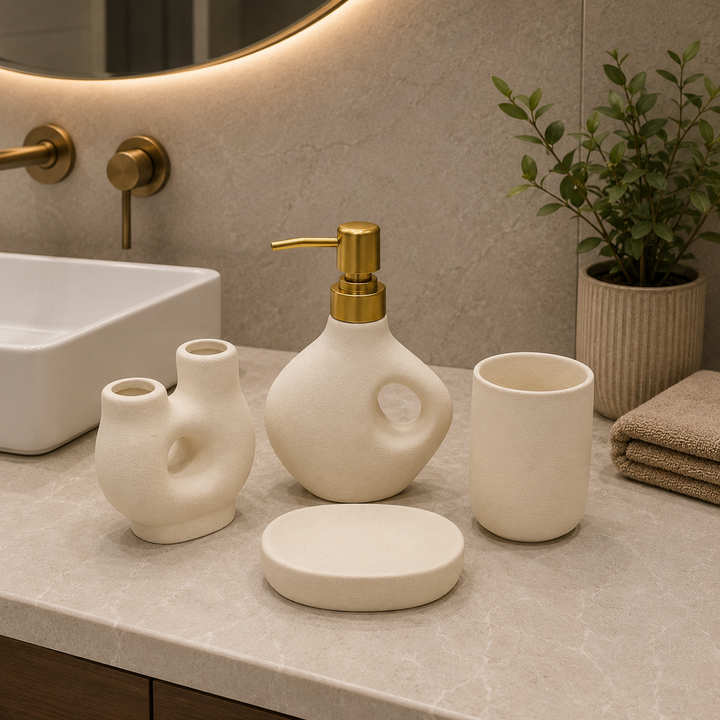 4-Piece Modern Sculptural Ceramic Bathroom Accessories Set – Ivory White