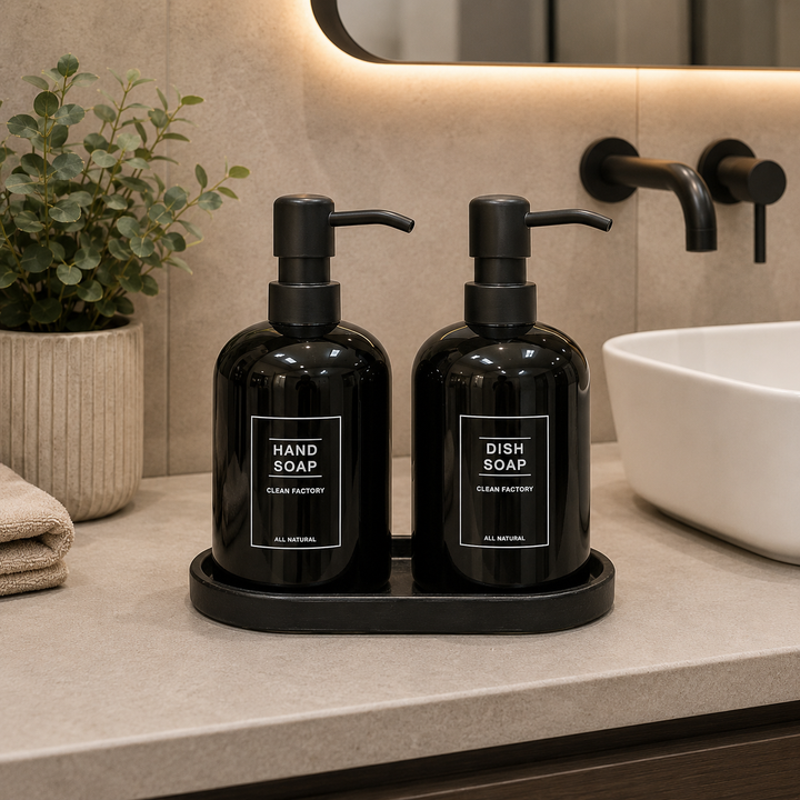 2-Piece Ceramic Soap Dispenser Set with Tray – Matte Black