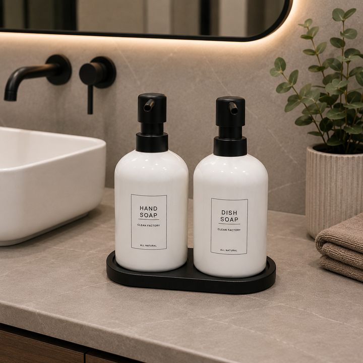 2-Piece Ceramic Soap Dispenser Set with Tray – White