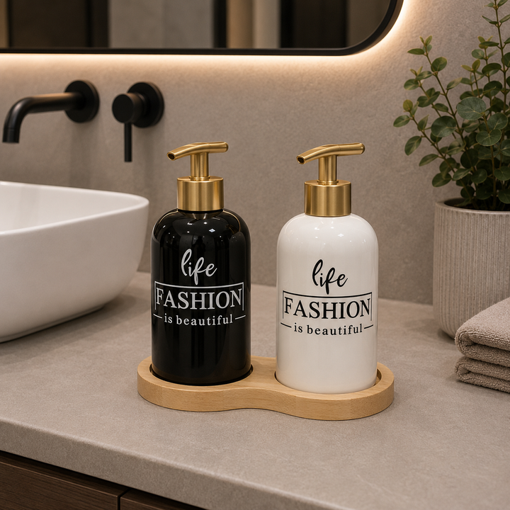 2-Piece Ceramic Soap Dispenser Set with Wooden Tray – Fashion Collection