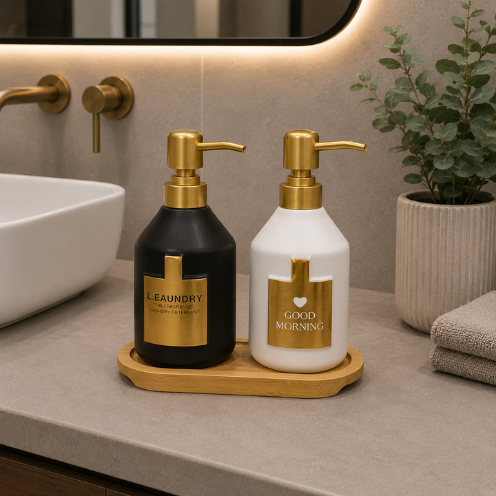 2-Piece Ceramic Soap Dispenser Set with Bamboo Tray – Gold Luxe Collection