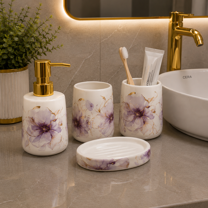 Brilliant Luxury Purple Flower Bathroom Accessory Set
