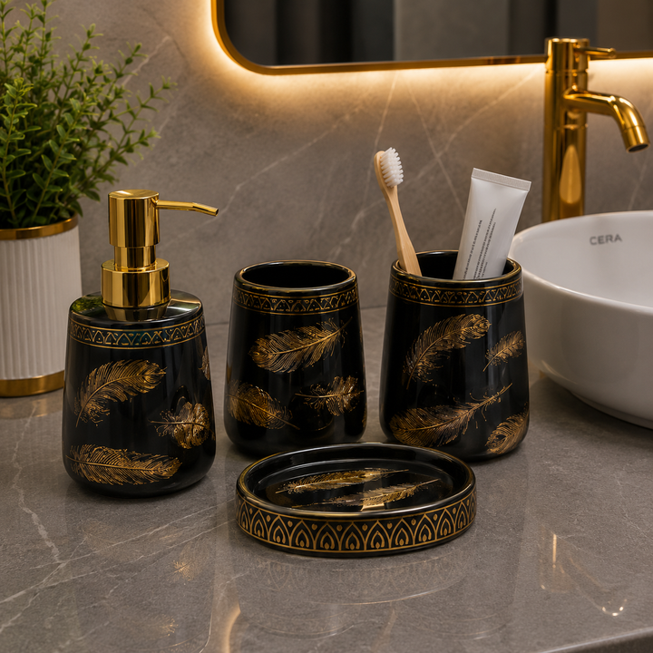 Brilliant Luxury Black Gold Leaf Bathroom Accessory Set