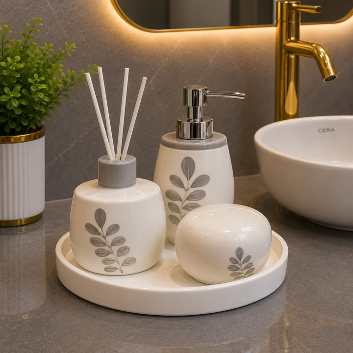 Brilliant Luxury White Leaf Bathroom Tray Set