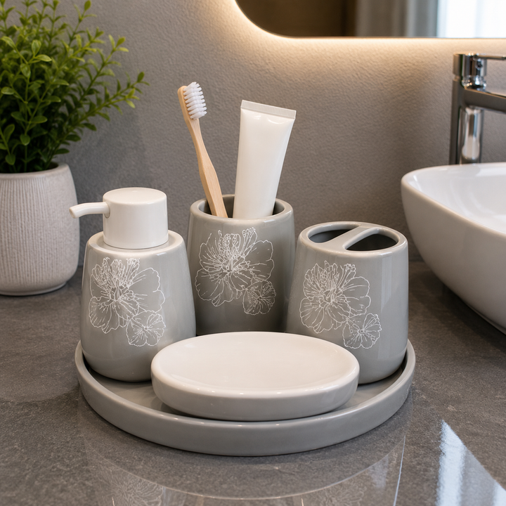 Brilliant Luxury Gray Floral Bathroom Tray Set
