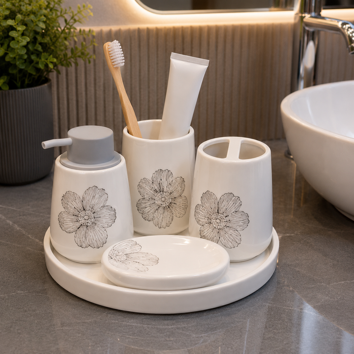 Brilliant Luxury White Floral Bathroom Tray Set