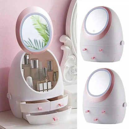 Oval Mirror Cosmetic Organizer with LED Lighted Storage & Makeup Mirror