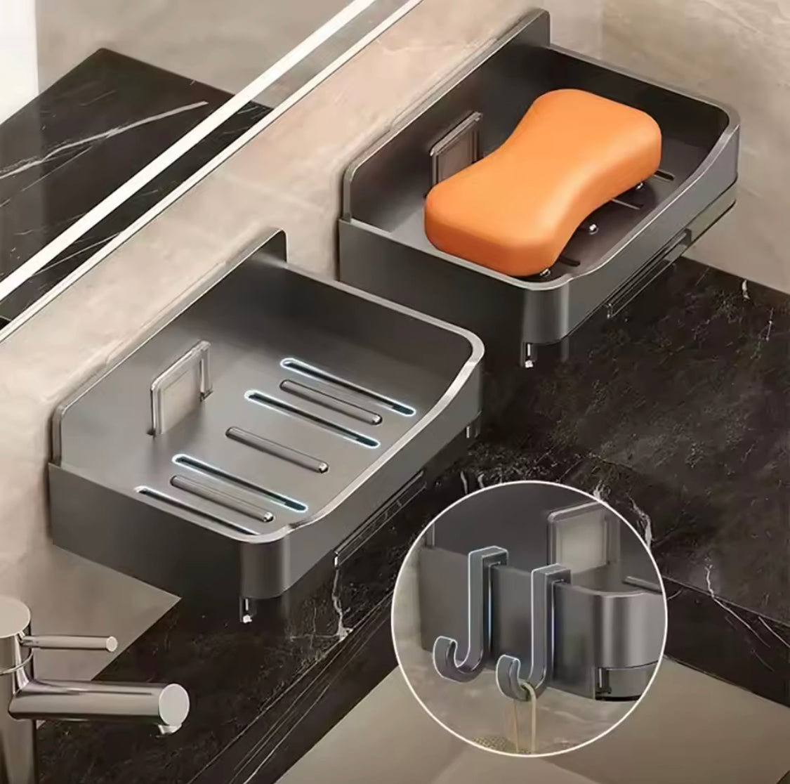 Wall Mounted Soap Holder with Drain Tray and Waterproof Punch-Free Box with Lid for Bathroom and Kitchen