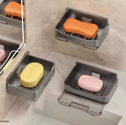 Wall Mounted Soap Holder with Drain Tray and Waterproof Punch-Free Box with Lid for Bathroom and Kitchen