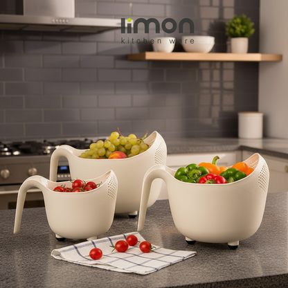 Limon Pack of 3 Fruits and Vegetables Wash Bowl with Drainer
