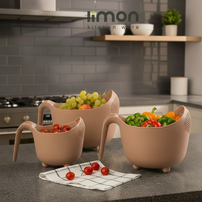 Limon Pack of 3 Fruits and Vegetables Wash Bowl with Drainer