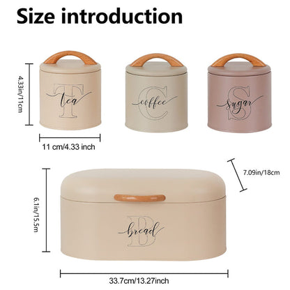 Premium Tea, Coffee, Sugar & Bread Storage Set Wooden Handle Kitchen Canisters