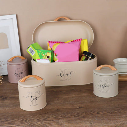 Premium Tea, Coffee, Sugar & Bread Storage Set Wooden Handle Kitchen Canisters
