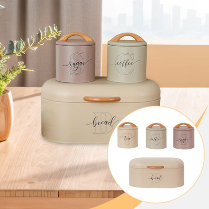 Premium Tea, Coffee, Sugar & Bread Storage Set Wooden Handle Kitchen Canisters