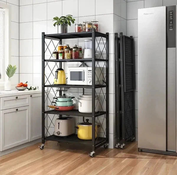 Foldable Heavy-Duty Multilayers Kitchen Storage Rack with Wheels