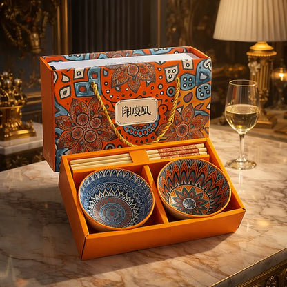 Luxury Hand Painted Ceramic Bowl Set with Chopsticks Premium Gift Box