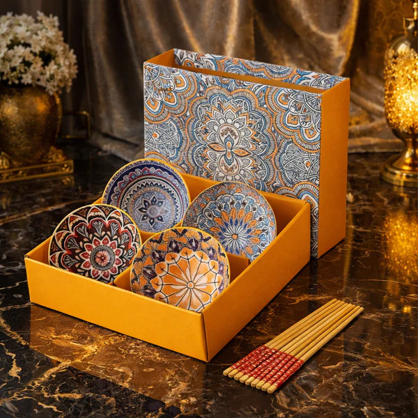 Luxury Hand Painted Ceramic Bowl Set with Chopsticks Premium Gift Box