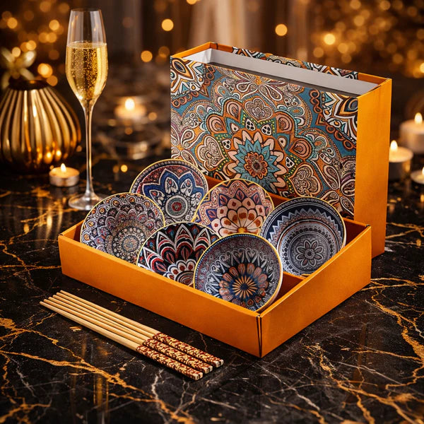 Luxury Hand Painted Ceramic Bowl Set with Chopsticks Premium Gift Box