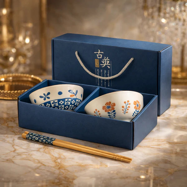Luxury Japanese Ceramic Bowl Set with Chopsticks Floral Design