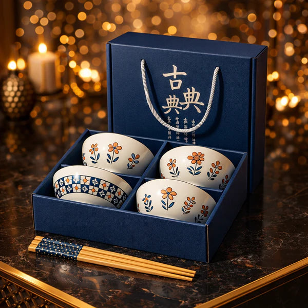 Luxury Japanese Ceramic Bowl Set with Chopsticks Floral Design
