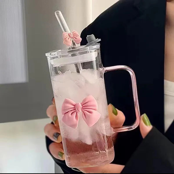 Square Glass Tumbler with Double Bows & Straw Elegant Drinkware