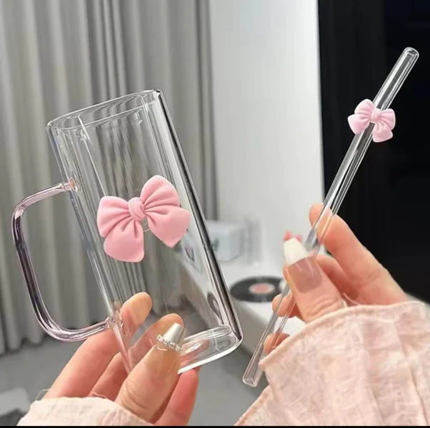 Square Glass Tumbler with Double Bows & Straw Elegant Drinkware