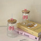 Curvy Glass Tumbler Set with Pink Bow Charms Aesthetic Iced Coffee & Juice Cups with Bamboo Lid and Glass Straw