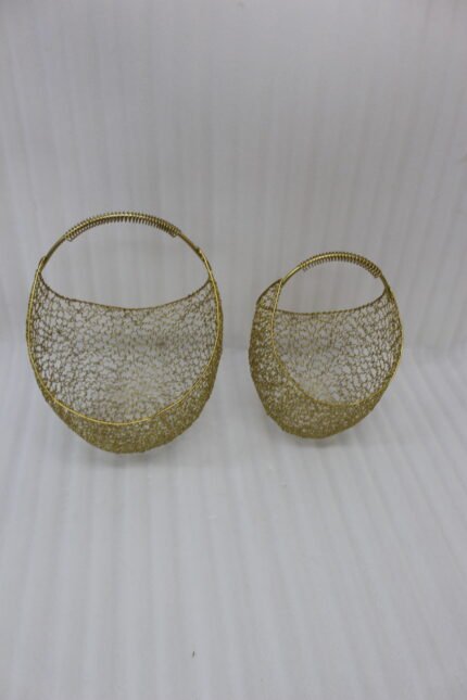 Gold Wire Mesh Decorative Basket Set with Coiled Handles