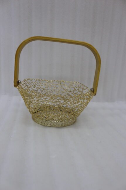 Gold Wire Mesh Decorative Basket with Wooden Handle – Premium Storage