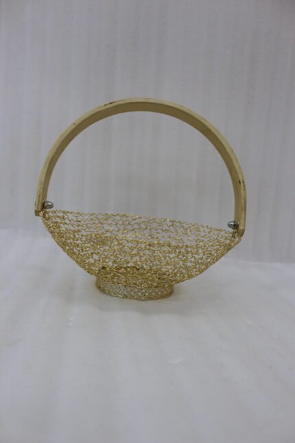 Gold Metal Mesh Decorative Basket with Curved Wooden Handle