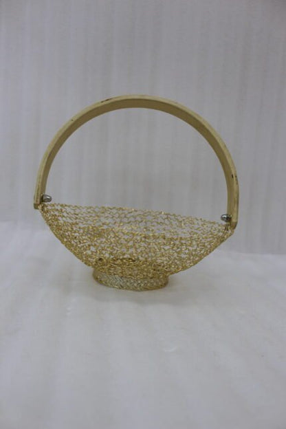 Gold Metal Mesh Decorative Basket with Curved Wooden Handle