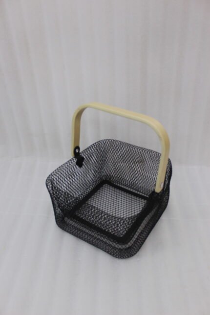Double Wall Metal Wire Basket with Wooden Handle for Kitchen Storage