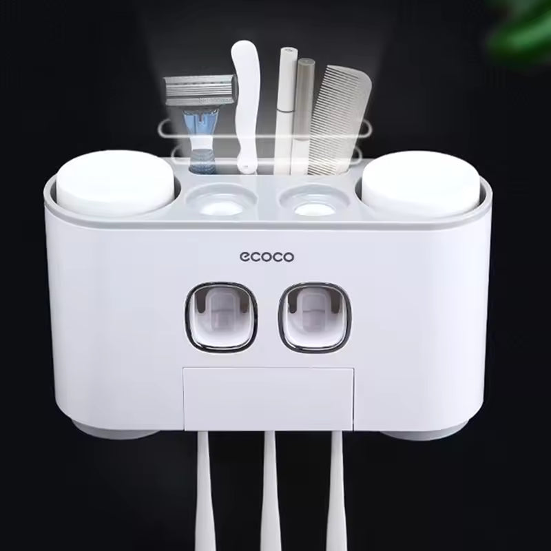 Ecoco Automatic Toothpaste Dispenser Set Wall Mounted Toothbrush Holder with Cups