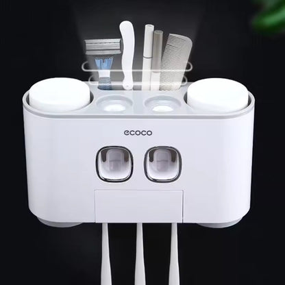 Ecoco Automatic Toothpaste Dispenser Set Wall Mounted Toothbrush Holder with Cups