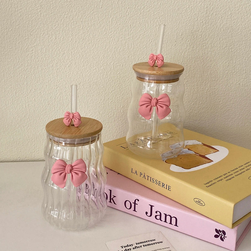 Curvy Glass Tumbler Set with Pink Bow Charms Aesthetic Iced Coffee & Juice Cups with Bamboo Lid and Glass Straw