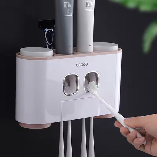 Ecoco Automatic Toothpaste Dispenser Set Wall Mounted Toothbrush Holder with Cups