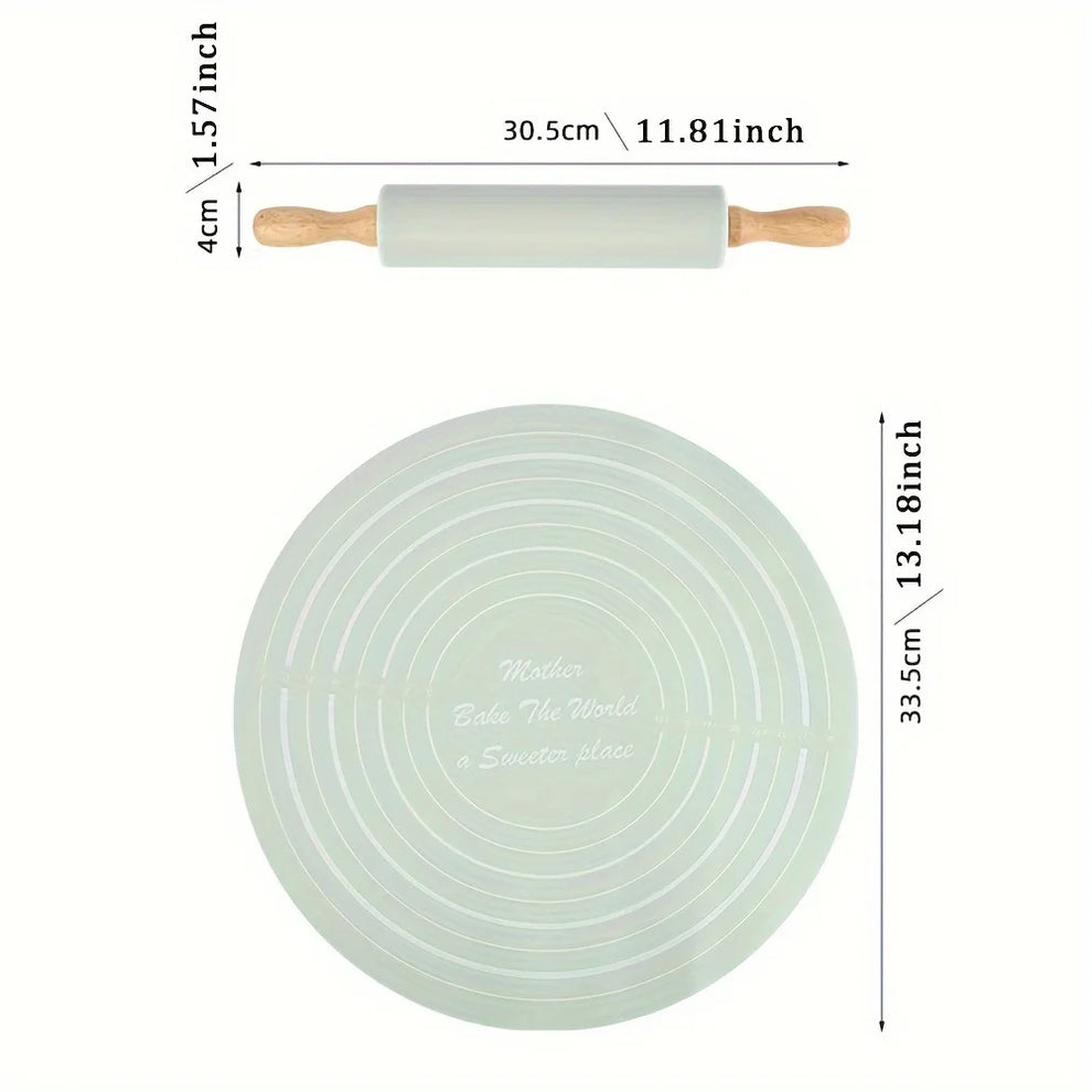Non-Stick Wooden Rolling Pin & Silicone Baking Mat Set