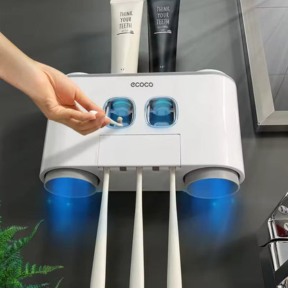 Ecoco Automatic Toothpaste Dispenser Set Wall Mounted Toothbrush Holder with Cups