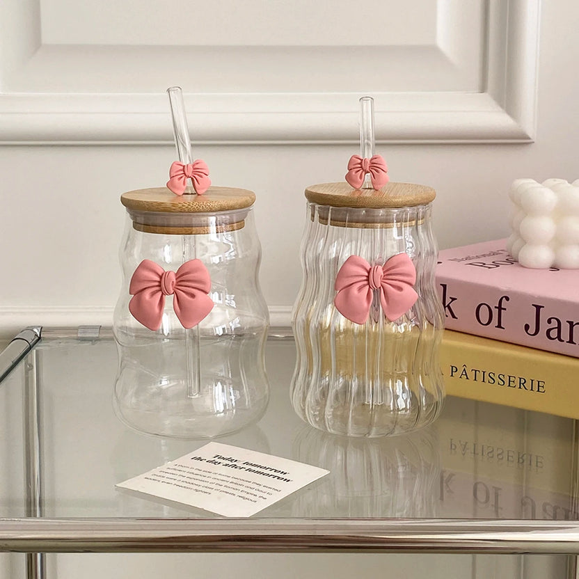 Curvy Glass Tumbler Set with Pink Bow Charms Aesthetic Iced Coffee & Juice Cups with Bamboo Lid and Glass Straw