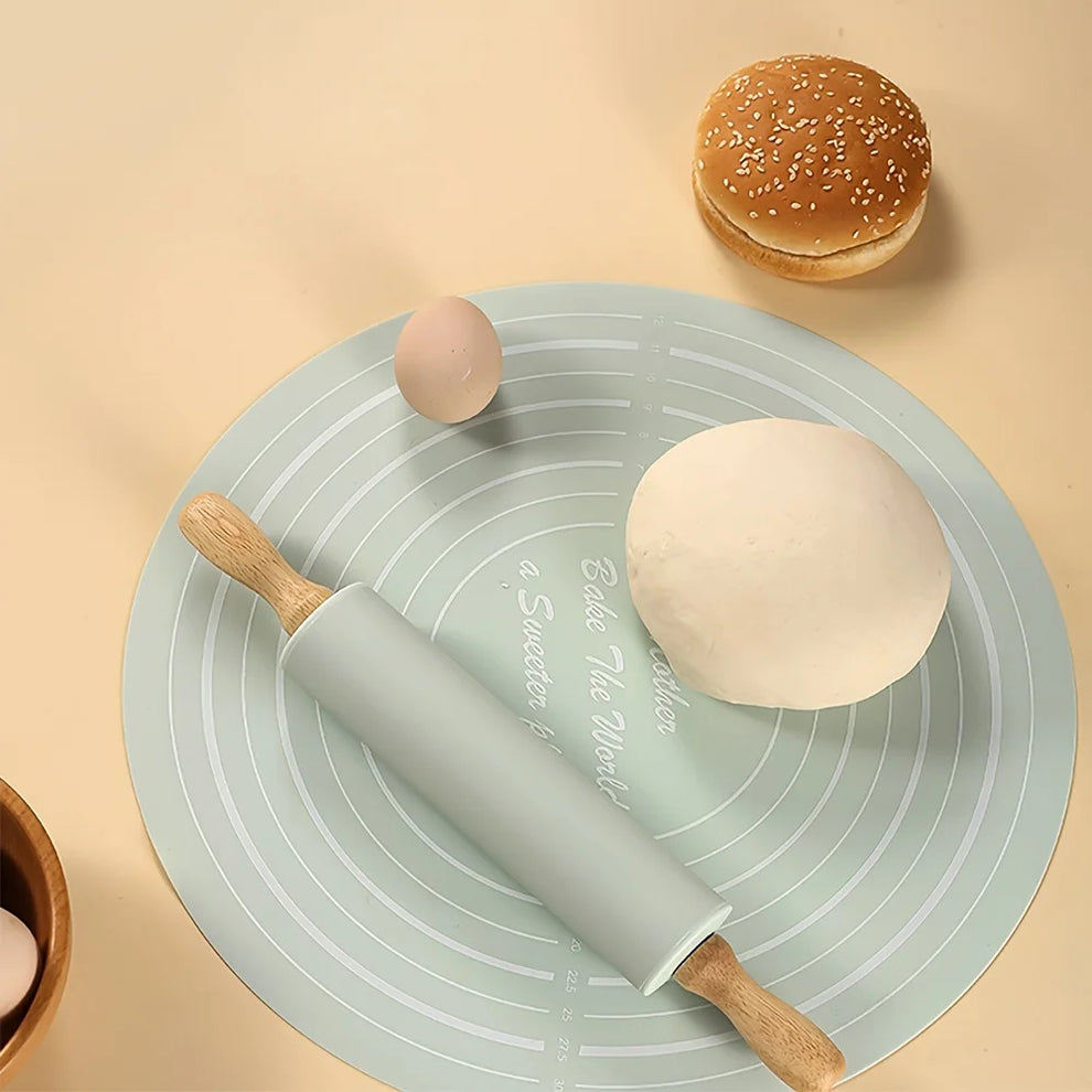 Non-Stick Wooden Rolling Pin & Silicone Baking Mat Set