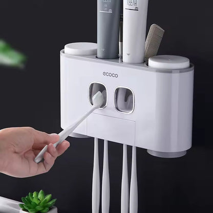 Ecoco Automatic Toothpaste Dispenser Set Wall Mounted Toothbrush Holder with Cups