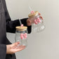 Curvy Glass Tumbler Set with Pink Bow Charms Aesthetic Iced Coffee & Juice Cups with Bamboo Lid and Glass Straw