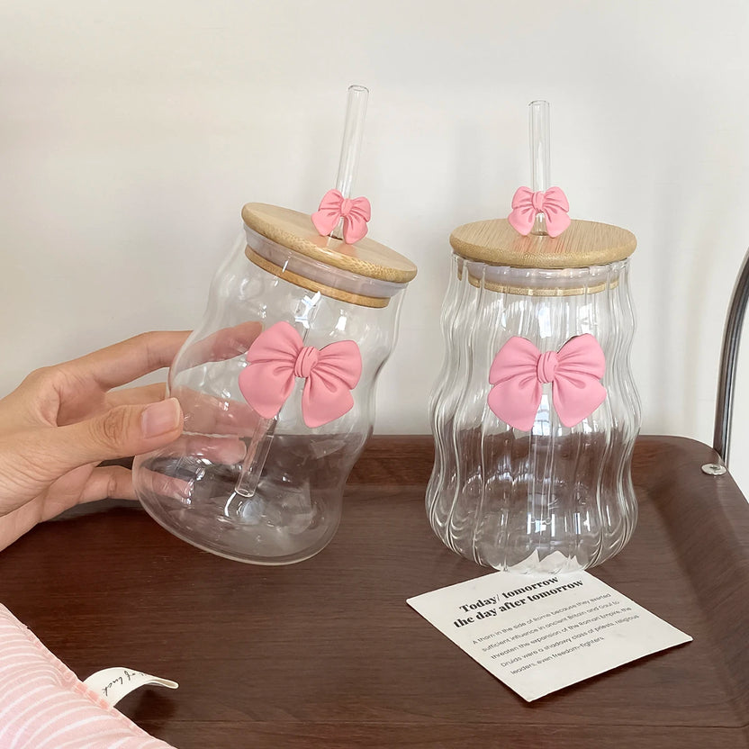 Curvy Glass Tumbler Set with Pink Bow Charms Aesthetic Iced Coffee & Juice Cups with Bamboo Lid and Glass Straw