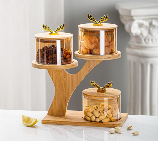 3 Tier Glass Jar Set With Wooden Stand Luxury Storage Containers With Golden Antler Lids