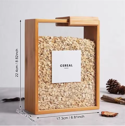 Bamboo Wooden Grain Storage Box Airtight Food Container for Kitchen