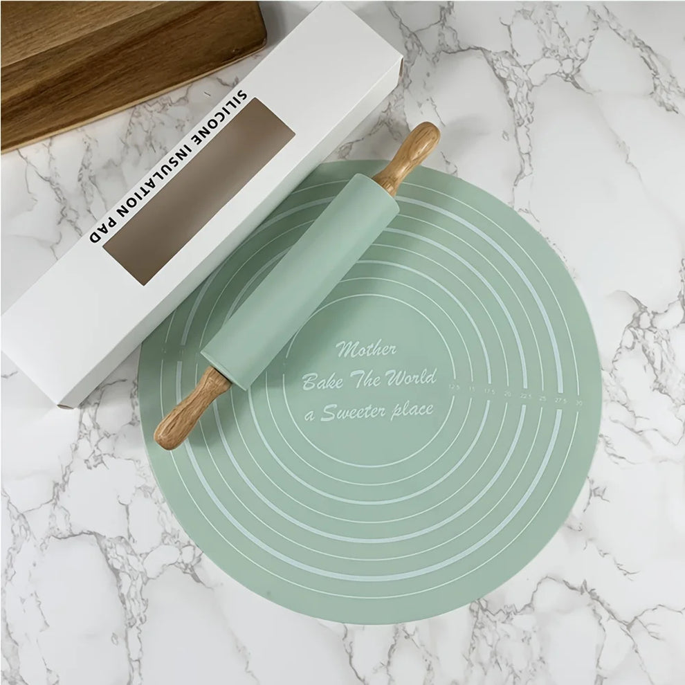 Non-Stick Wooden Rolling Pin & Silicone Baking Mat Set
