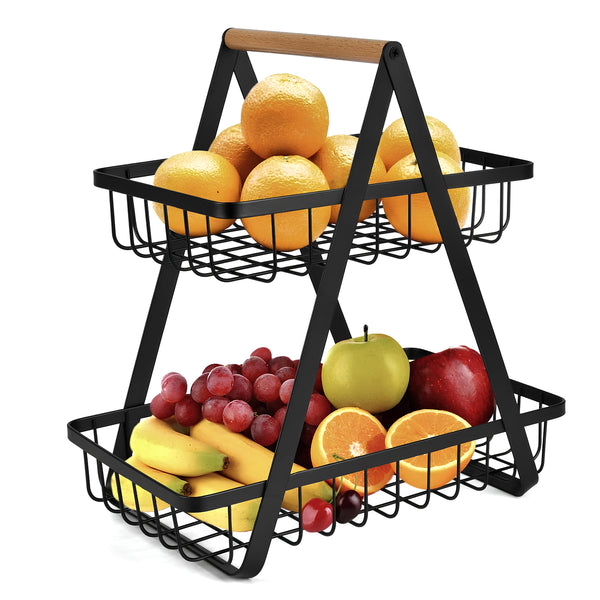 2-Tier Carry & Serve Fruit Basket with Wooden Handle Space Saving Metal Storage Rack