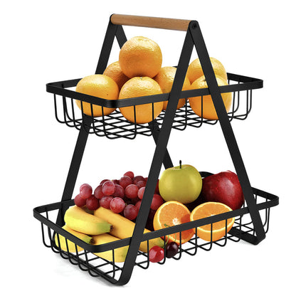 2-Tier Carry & Serve Fruit Basket with Wooden Handle Space Saving Metal Storage Rack