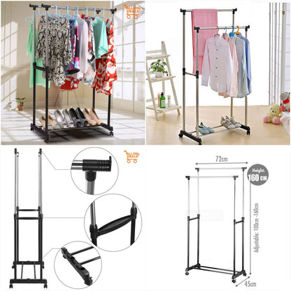 Double-Pole 2 Layer Cloth Hanging Rack Adjustable Clothes Organize